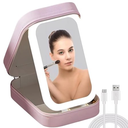 Kosmetisk taske med oplyst spejl, make-up taske med spejl-3 farver LED lys, rejse kosmetisk etui, gave til kvinder (pink)