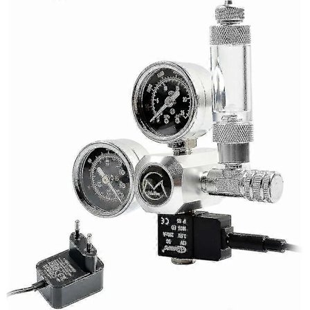 Akvarium CO2-regulator med 12V-adapter, trykkreduksjon for akvarium, doble trykkmålere inkludert bobleteller og tilbakeslagsventil, W21.8-grensesnitt