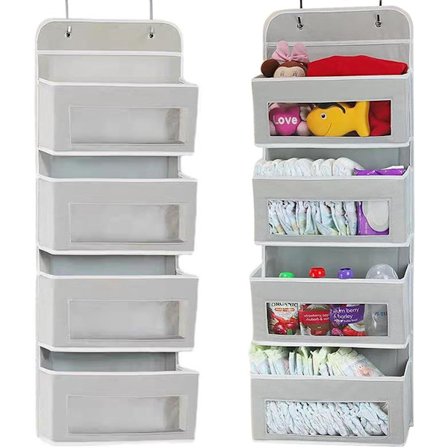 Oppbevaringspose - Skaporganisator - hengende kurv - sammenleggbar hengende oppbevaring med 4 lommer, over-døren/veggmontert oppbevaring for barnerom,
