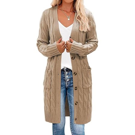Langermet kabelstrikket lang cardigan for damer, åpen frontgenser med knapper, yttertøy Khaki-KL Khaki L