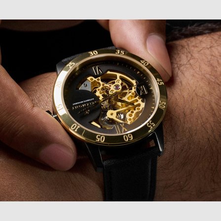 Dante II | Montre squelette en acier inoxydable doré avec bracelet en cuir noir pour hommes - Montres bracelet