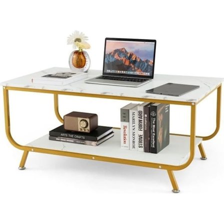 COSTWAY Sofabord med marmortryk 2 etager, rektangulært stuebord med guldmetalstel til kontor, receptionslokale