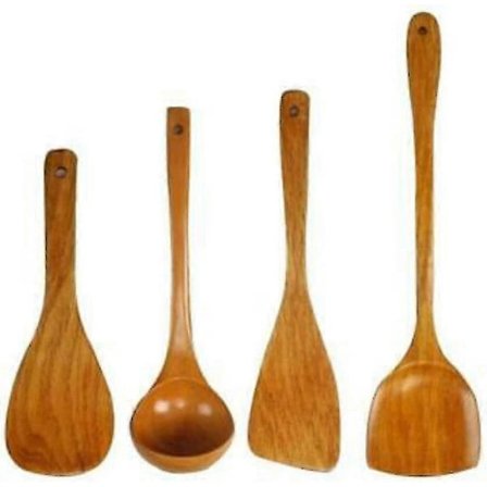 Sett med 4 kjøkkenredskaper i bambustre, non-stick, med skjeer og øser