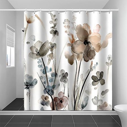 Blommig Duschdraperi 180 X 180 Cm - Krämvit Blommig Duschdraperi För Badrum Med Krokar - Modern Badkar Blommig Duschdraperisets