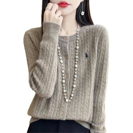 Ullcardigan for kvinner, tykkere med brodert ponniknute, strikket genser med rund hals