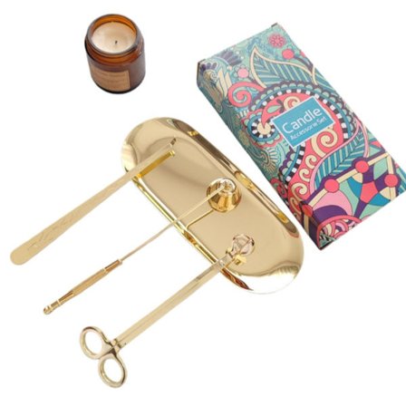 4-delt lysplejesæt: Vægetrimmer, dypper, slukker & bakke - Rustfrit stål lystilbehørssæt Gold