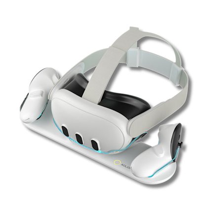 VORTEX VR Opladningsstation til Meta Quest 3 – Dobbelt USB-C-station med LED-base, oplader headset og controllere, inkluderer batterier og covers
