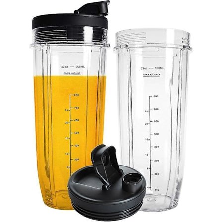 Ninja 32OZ Ersättningsmuggar, QT 2-pack Nutri Ninja Ersättningsmuggar med Drick- och Förslutningslock, 950ML (32oz) Mätmuggar