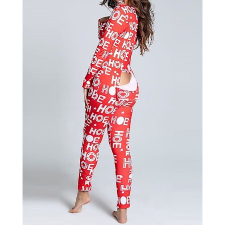 Sexet pyjamas til kvinder julepyjamas nytårs jumpsuit nattøj knaplukning foran bagdel åben numse klap jumpsuit juleprint loungewear