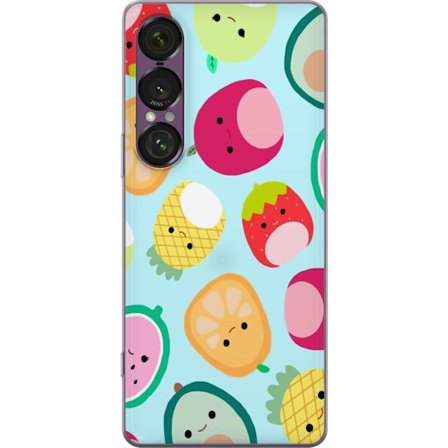 Kompatibelt Mobildeksel til Sony Xperia 1 VII Mønster av kawaii-frukter som jordbær sitron ananas og avocado på lyseblå bakgrunn