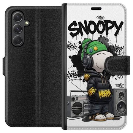 Kompatibelt Lommeboketui til Samsung Samsung Galaxy A15 5G Snoopy i gateklær med hodetelefoner, graffiti-stil og et stort smil mens han står ved sid