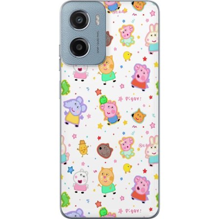 Kompatibel Mobilcover til Motorola Moto E15 Farverige tegneserie dyrekarakterer i en legende stil med stjerner og prikker på en lys baggrund