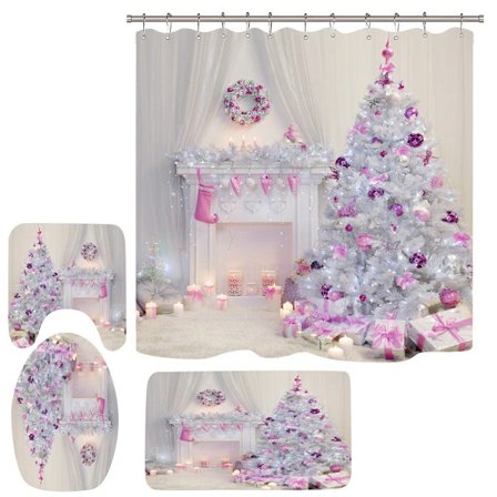 /EA/Julklapp Duschdraperi Bröllop Duschdraperi Rosa Julgran Röd Snöflinga Present Juldekoration Badrum Fyrdelat set med tre delar