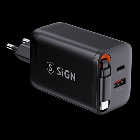 SiGN GaN Snabbladdare USB-C/USB-A 65W med förlängningsbar USB-C-kabel - Svart