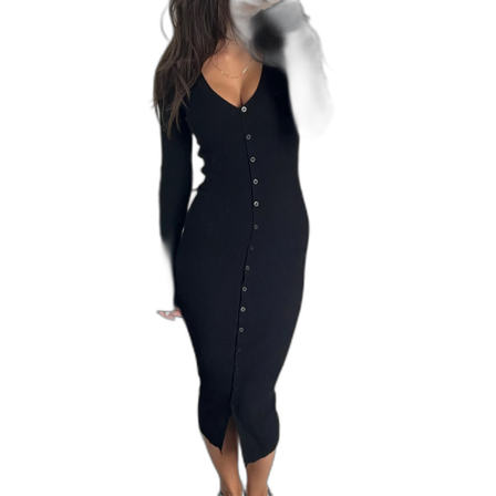 Svart ribbad långklänning med knappar