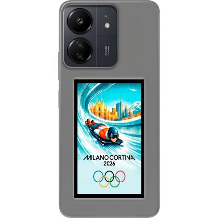 Yhteensopiva Puhelinkuori Xiaomi Redmi 13C Dynaaminen kelkkailija tai skeleton-ajaja jääkanavalla Milanon Cortina 2026 kanssa, kaupunkinäkymä ja olymp