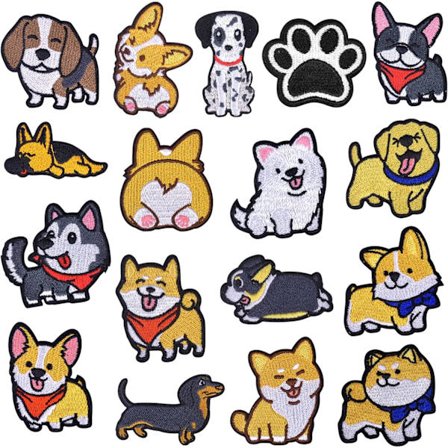 17 stykker dyrebroderi-patches, dekorative broderede hund A