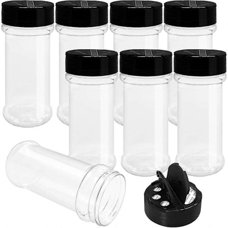 8-pakning 200 ml Runde Krydderglass i Plast med Svarte Strølokk, Gjenbrukbare Krydderglass, Transparente Plastglass