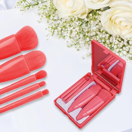 Professionelt makeupbørstesæt 5-pak med spejletui - Foundationbørste, øjenskyggebørste og blendingbørste i rosa - Portabelt og rejsevenligt