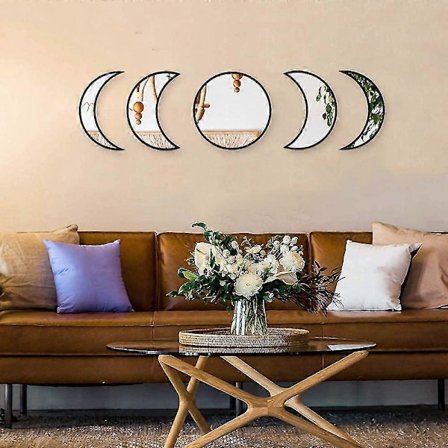 Skandinavisk Naturlig Dekor, Glass Månefase Speil, Interiørdesign Tre Månefase Speil Bohemsk Veggdekorasjon For Rom (svart) (FMY)