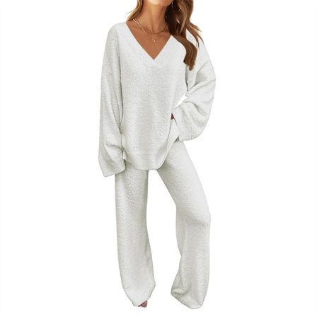 Dame 2-delt sæt Fuzzy Fleece Pyjamas Sæt Langærmet Loungewear Hvid Hvid