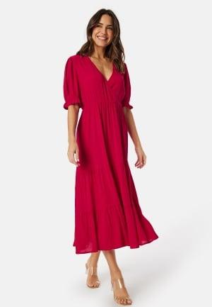 BUBBLEROOM Puff Sleeve Viscose Dress M Red Mekot Dam