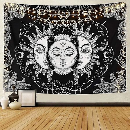Sol og måne veggteppe Tarot veggteppe Brennende sol Psykedelisk veggteppe vegg