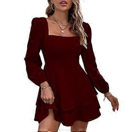 Dam Knytband Rygglös Fyrkantig Hals Långärmad Vardagsklänning Volangfåll Elastisk Midja A-linje Solklänningar Mini Klänning i Lager Burgundy M(M 