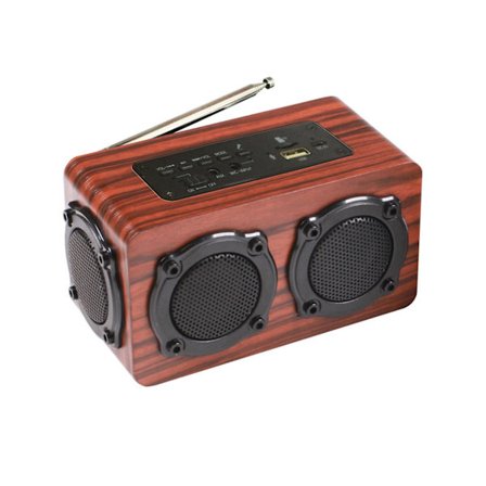 Trådlös Bluetooth-högtalare i trä 5.0 med dubbla högtalare, subwoofer, kortplats, kabel, FM med stavantenn (A)