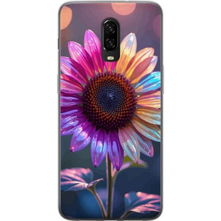 Kompatibelt Mobildeksel til OnePlus 6T Irideserende blomst med glitrende kronblad i rosa lilla og gull mot myk bokeh bakgrunn