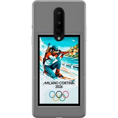 Kompatibel Mobilcover til OnePlus 8 Retroplakat Cortina Milano 2026 med bjerge, vintersportsudøvere, italiensk trikolor, Milano-katedralen og olympisk