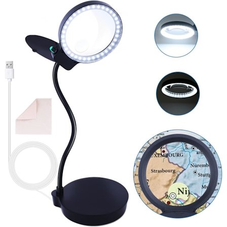 10X 20X Dimbar förstoringslampa med 36 LED-lampor, stor handsfree-förstoringsglas med ljus och stativ, 5,1-tums lins, kraftig bas