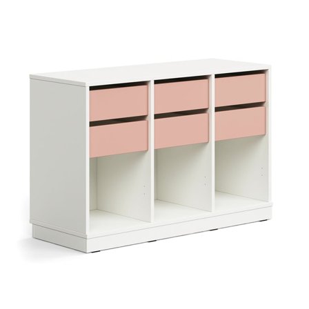 Student storage CASPER, 6 drawers, 3 compartments, base frame, white/dark pink