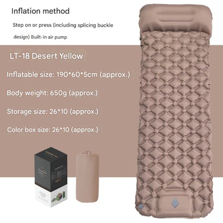 Itsestään täyttyvä retkipatja: Paksu kevyt yhden hengen retkipatja, joka on täytettävä ja kiinnitettävä parivuoteen ja kompakti täytettävä