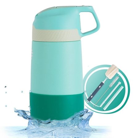 Barnisolerad vattenflaska med sugrör 14 oz dubbelväggig rostfri stål vakuumflaska för småbarn Flickor Pojkar - Perfekt för skola utomhusgrön