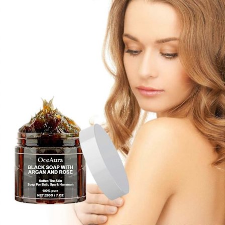 Marockansk svart tvål, ekologisk marockansk svart tvål, exfolierande Beldi svart tvål, svart tvål med argan och ros