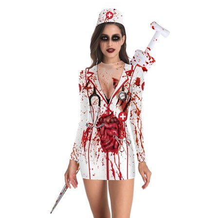Halloween Horror Blod Sygeplejerske Uniform Cosplay Kostumer Kvinder Piger Kjole Print Strømpe Nederdel Fest Karneval Maskerade Kostume One Size