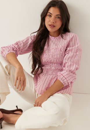BUBBLEROOM - Smock Cotton Blouse - Light pink/Striped