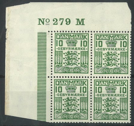 Danmark - AFA 2 ubrugt gebyrmærke i marginalblok