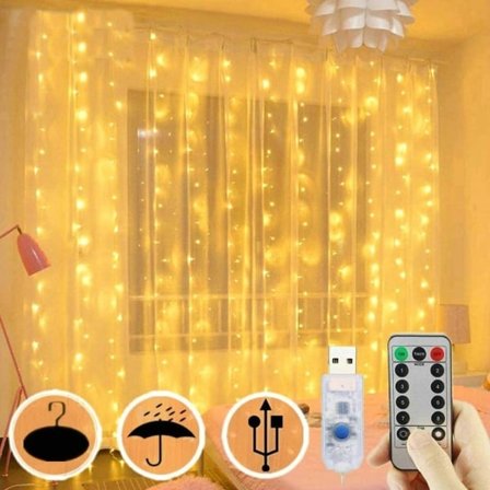 300 LED Gardinlampor, USB-fönsterlampor, 3 mx 3 m 8 lägen fjärrkontroll