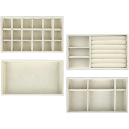 Smykkebrett Organizersett med 4 Fløyelsbelagte Stablebare Smykkeskuffer