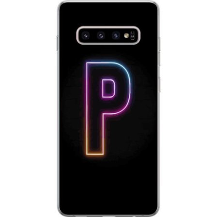 Kompatibel Mobilcover til Samsung Samsung Galaxy S10+ Minimalistisk neonbogstav P i farvegradient og lyseffekt mod sort baggrund i digital neonstil