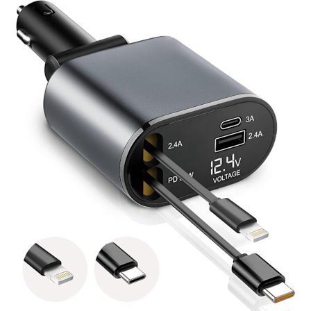 Snabb billaddare med infällbar USB C-kabel 80 cm