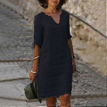 Naisten lyhythihainen puuvilla-pellavamidi-mekko, naisten yksivärinen V-kaula-aukkoinen löysä kesämekko - 9 (3XL musta)