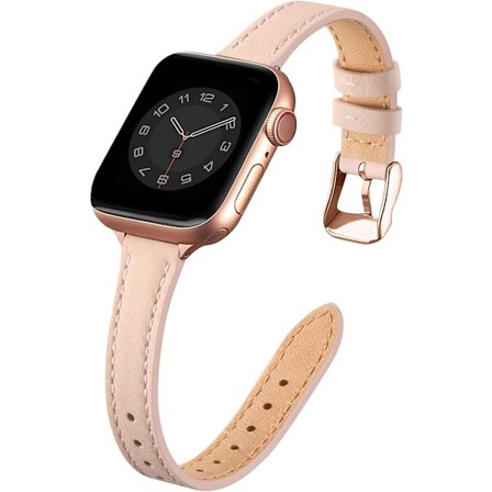 Lærreim Kompatibel med Apple Watch 41mm 40mm 38mm, Slank Tynn Lær Erstatningsreim, for Kvinner Menn Rosa sand&Rosegull
