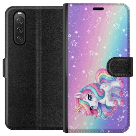 Yhteensopiva Lompakkokotelo Sony Xperia 10 V Stitch polaroid-kehyksissä sinisillä pastellisävyillä ja suloisilla ilmeillä kollaaseissa sydämillä