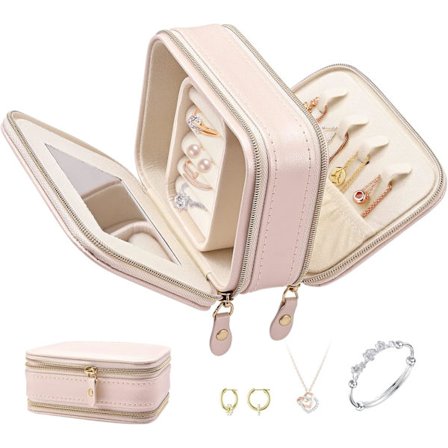 Smykkeskrin med spejl, dobbeltlags smykkeskrin i læder til ringe øreringe halskæder smykker, lille smykkeopbevaringsskrin til hjem og rejse