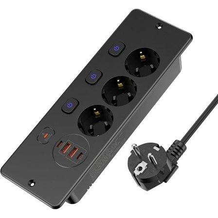 Uttrekkbar stikkontakt - 3-veis med 2 USB, bordkontakt med 2 USB C, 3 brytere, 2 m kabel