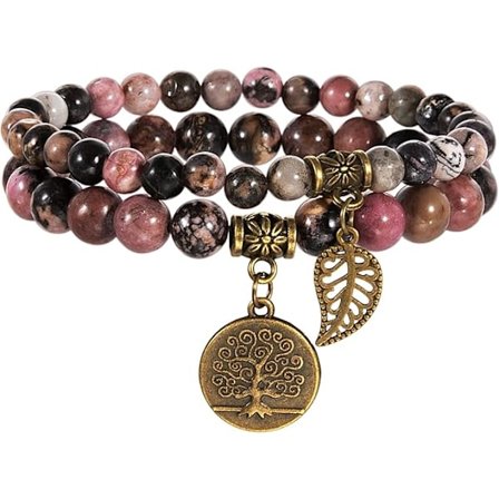 Naturstensarmbånd - Damearmbånd med naturlige perler - Sæt med to armbånd med livets træ og blade som tilbehør