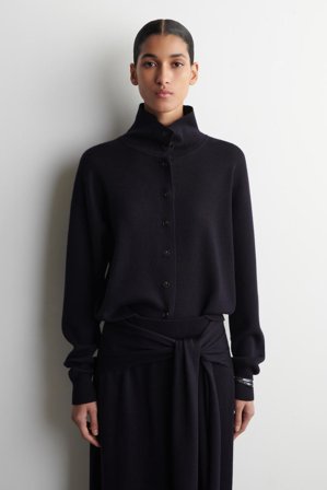 COS Women's Merino Wool Funnel Neck Cardigan Sweater in Blue